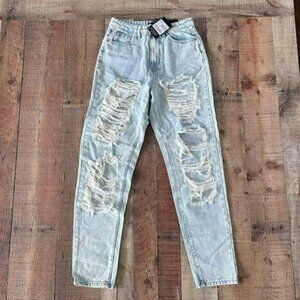 Missguided Riot Light vintage distress high rise mom jean denim women's 6